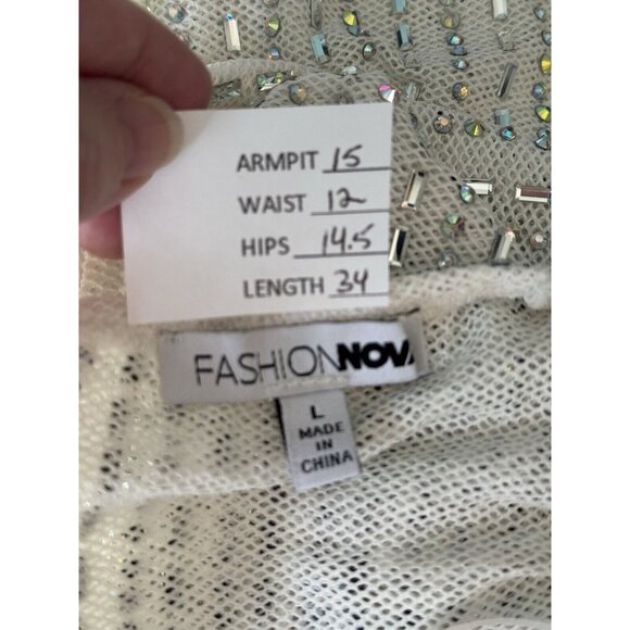 Fashion Nova Babydoll Rhinestone Mini Dress Size Large White Underwire New Years - Picture 2 of 14